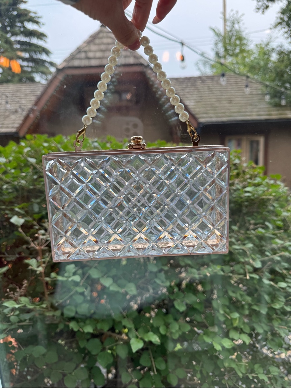 Crystal Clear Acrylic Box Clutch Purse | Pearl & Gold Chain Convertible Handle